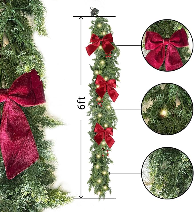 6ft Christmas Garland with Lights,Lighted Cedar Garland for Mantle,Prelit Real Touch Artificial Green Christmas Winter Garland with Large Burgundy Velvet Bow for Indoor Outdoor Decor
