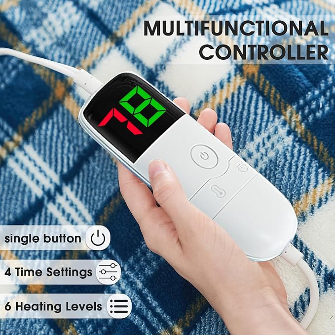 Electric Heated Blanket King Size, 90X100 Heating Blanket King With Dual Control&10 Heats Levels&Timer For Bed,Large Navy Blue Plaid Sherpa Blankets Warmer Gifts for Grandma Women Adults, Washable,ETL