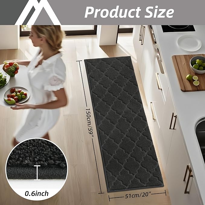 COSY HOMEER Soft Kitchen Rugs and Floor Mats for in Front of Sink Super Absorbent 20"x59" Non-Skid Standing Washable,Polyester,Black
