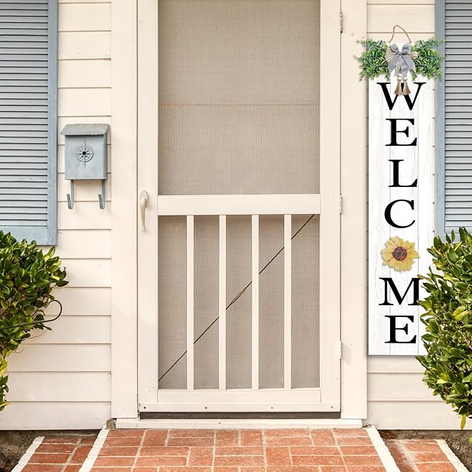 Interchangeable Outdoor Welcome Sign for Front Porch Standing 47"×8" Set of 3 Large Wood Frame with 12 Pcs Icons Vertical Tall Leaner Outside Welcome Sign for Front Door Decor (White)