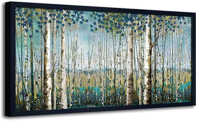 Pogusmavi Large Framed Birch Tree Canvas Wall Art Nature Painting for Home Decor | Teal Artwork for Living Room, Bedroom, and Office Pictures for Living Room 29×58IN