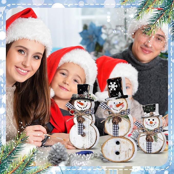 Barydat 3 Pcs Snowman Christmas Decor Winter Table Decorations Snowman Table Centerpieces Winter Rustic Indoor Sign Decor Tiered Tray Block for Xmas Holiday Party Indoor Home Room Decorations