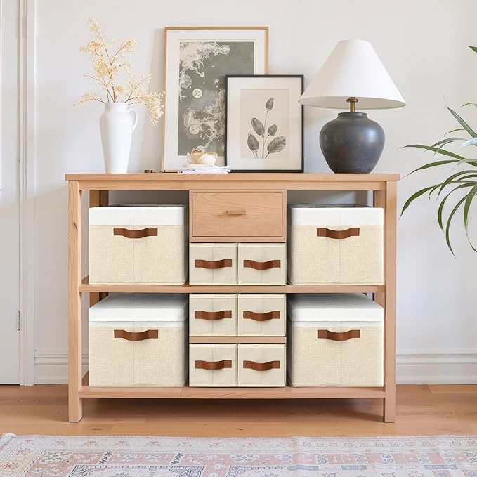 GRANNY SAYS Small Fabric Storage Bins, Storage Baskets for Shelves with PU Handles, Toilet Paper Storage, Mini Baskets for Organizing DVD, Photos, Clothes, Diaper, Sock, Cd, 3-Pack, Ivory