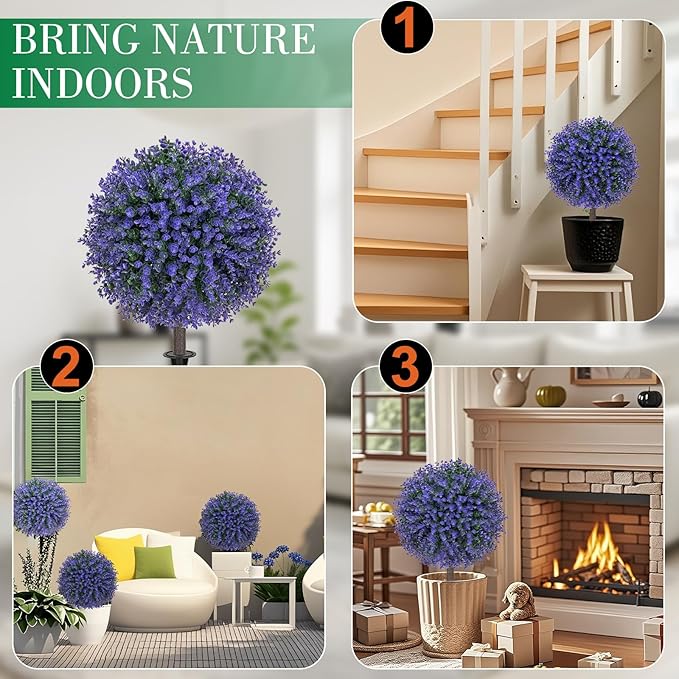 Set of 2 Artificial Purple Boxwood Topiary Ball Bush for Outdoor with Ground Spike 22", UV Resistant Faux Greenery Shrubs, Fake Purple&Green Boxwood Plants for Garden, Yard, Porch, Patio Decor