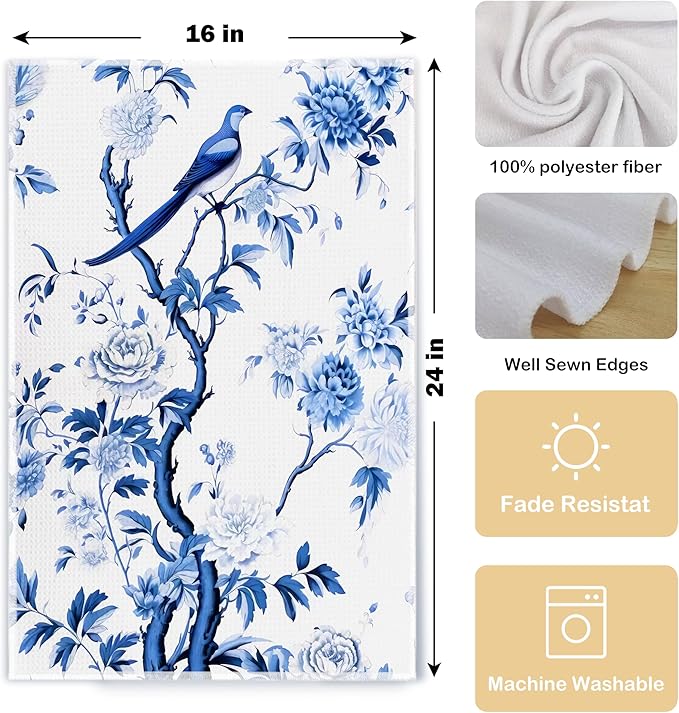 Chinoiserie Wildflower Bird Kitchen Towels Set of 2 - Retro Chinoiserie Tea Waffle Weave Towels for Kitchen Decorative, Chinoiserie Farmhouse Dish Towels Waffle Weave 16 X 24 Inch