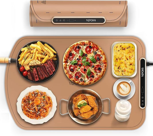 Warming Mat for Food, VEPOKA Food Warmer Mat for Countertop, Electric Warming Tray with 7 Temp Levels & Auto Shut-Off, Food Warmers for Parties, Ideal Gift for Kitchen & Buffet Use