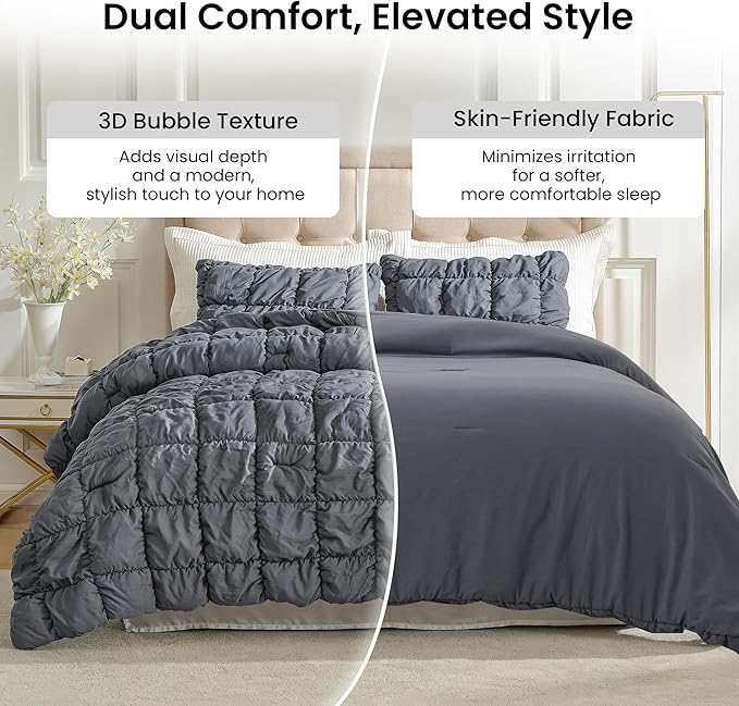Amelie Home Grey Bubble Comforter Set Queen Size, 3 Pieces Ultra Soft Cozy Bedding Set for All Seasons, Farmhouse Luxury Gift for Women Home Decor, 90 x 90 inches