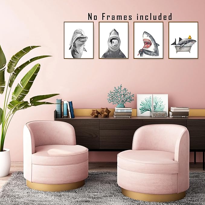FITIE Funny Shark Bathroom Wall Art Posters Set of 4, Ocean Shark Bathroom Decor, Coastal Beach Humorous Sea Animal Sharks Canvas Prints Artwork Wall Decor for Bath Wash Room, 8x10 Unframed