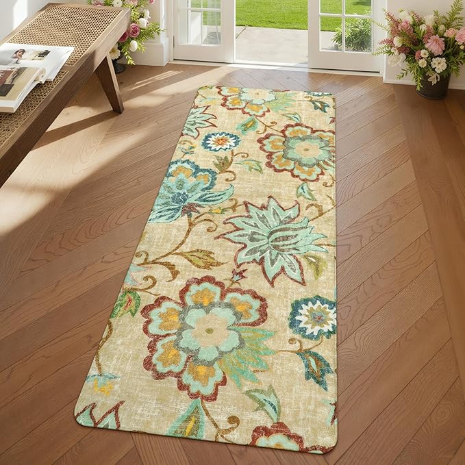 Lahome Floral Washable Kitchen Runner Rugs with Rubber Backing - 2x5 Rug Runner Lightweight Non-Slip Soft Bathroom Carpet, Boho Beige Paisley Carpet for Hallway Bedroom Laundry Room