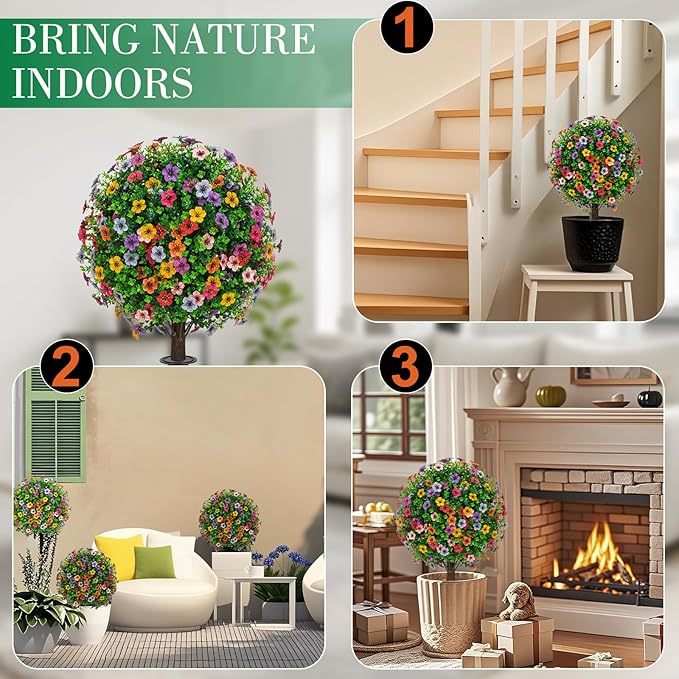 23" Artificial Boxwood Topiary Ball Trees with Colorful Flowers, Set of 2 UV Resistant No Fade Outdoor Faux Plants with Ground Spike, Fake Shrubs for Garden, Patio, Porch, Yard, Indoor Decor