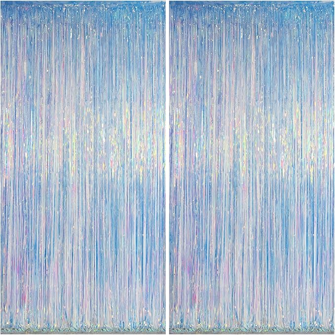 Melsan Iridescent Foil Fringe Backdrops Party Decorations - 2 Pack 3.2 x 6.5 ft Metallic Tinsel Photo Backdrop Curtains for Mermaid Unicorn Birthdays Parties - Iridescent 2 Packs