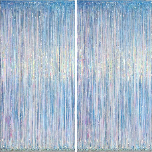 Melsan Iridescent Foil Fringe Backdrops Party Decorations - 2 Pack 3.2 x 6.5 ft Metallic Tinsel Photo Backdrop Curtains for Mermaid Unicorn Birthdays Parties - Iridescent 2 Packs