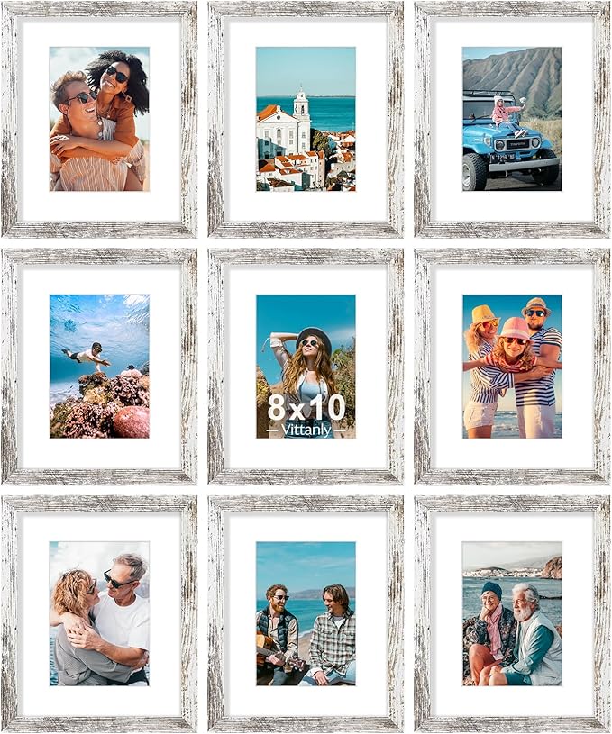 Vittanly 8x10 Picture Frames Set of 9, Shatter Resistant Plexiglass, Display 5x7 Pictures with Mat or 8x10 without Mat, Photo Frames for Wall or Tabletop, Engineered Wood, Distressed White