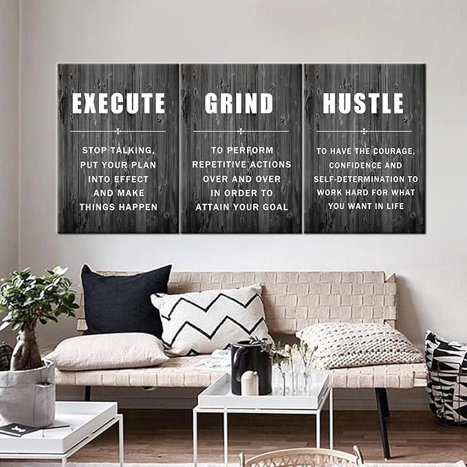 Execute Grind Hustle Inspirational Poster 3 Pieces Motivational Wall Art Canvas Prints Artwork for Living Room Modern Home Decor Painting Pictures Stretched and Framed Ready to Hang [60''Wx 28''H]