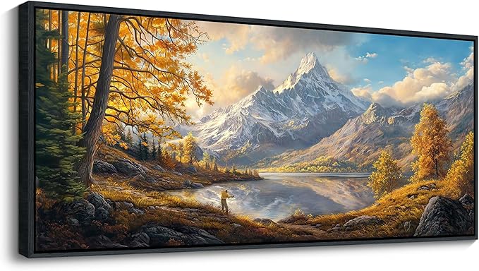YCPRIMER Extra Large Landscape Wall Art - Mountain Canvas Wall Decor Nature Forest Picture Yellow Tree Painting Moon Art for Living Room Bedroom Dining Room Decoration Framed Artwork Size 70x31inchs