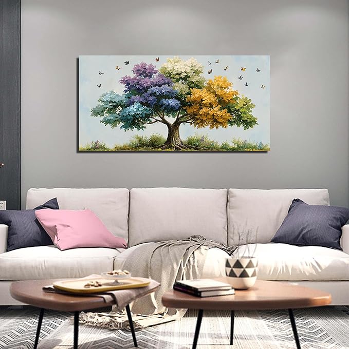 Kepgonegu Large Tree of Life Wall Art for Living Room Landscape Canvas Prints Colorful Butterfly Art for Bedroom Home Office Size 24x48