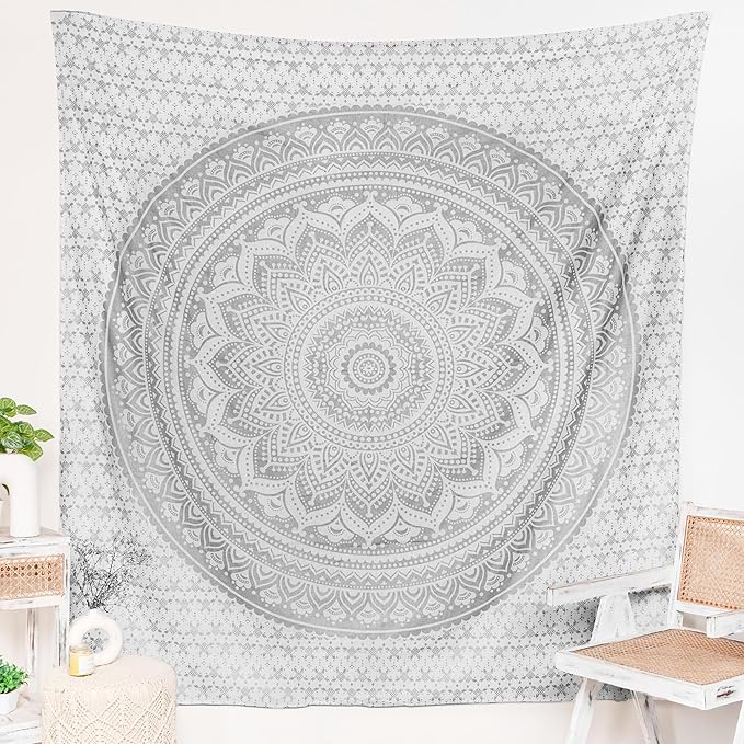 RAJRANG Silver Ombre Mandala Tapestry Cotton Wall Hanging Hippy Tapestries Hippie Beach Throw College Dorm Decor Bohemian Boho Bedsheet 84x90 Inches