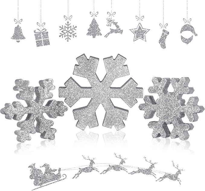Bucherry 3 Pcs Winter Wooden Snowflake Decor Rustic Winter Snowflake Table Signs Wonderland Wood Blocks Farmhouse Christmas Tiered Tray Decorations for Xmas Table Shelf(Glitter Gray)