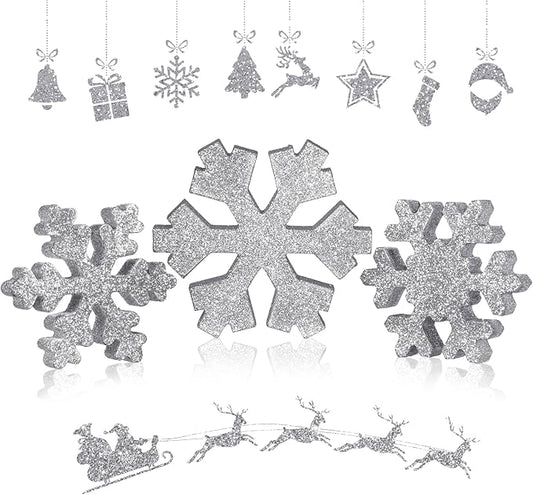 Bucherry 3 Pcs Winter Wooden Snowflake Decor Rustic Winter Snowflake Table Signs Wonderland Wood Blocks Farmhouse Christmas Tiered Tray Decorations for Xmas Table Shelf(Glitter Gray)