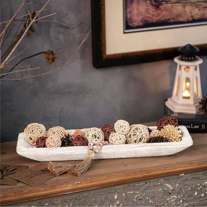 Wooden Dough Bowl Decor, Key Decorative Centerpiece Bowl, Hand Carved Baguette Bowl, Home Decor for Dining Table Center, Living Room, Kitchen (L20*W6.7*H2 inches) Rectangle-White