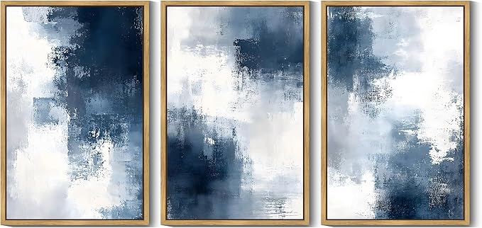 KUVIOKE Navy Blue Abstract Wall Art Framed Neutral Brush Strokes Block Shape Mid Century Art Prints Minimalist Modern Illustrations Bedroom Hallway 24x36in (Natural Framed)