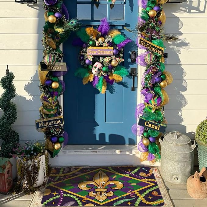 Mardi Gras Welcome Door Mat 30x17 Inch Carnival Fleur De Lis Doormat Indoor Outdoor Entrance Floor Mats Non-Slip Washable Mardi Gras Decor Rugs
