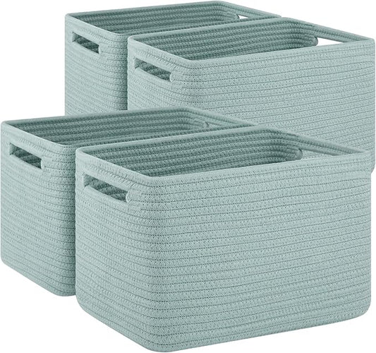 4 Pack Storage Baskets for Organizing Toys, Towels, and Clothes, Woven Basket for Shelves, Sturdy Nursery Cube Bins for Storage, 13''L x9''W x7.8''H, Frosty Green