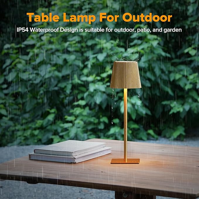 LUTEC 2 Pack Cordless Table Lamp,6000mAh Rechargeable Battery Operated Desk Lamp,Two Adjustable Heights,Waterproof, Touch Control & 3 Color Stepless Dimming for Restaurant/Bedroom/Bars/Outdoor (Gold)