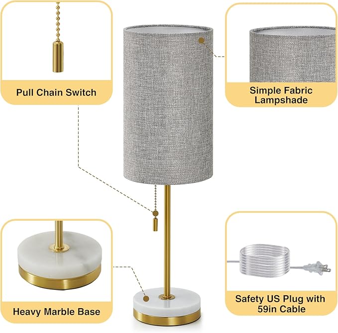 Luvkczc Minimalist Table Lamp Set of 2, Nightstand Lamp for Bedroom Living Room, Modern Pull Chain Bedside Lamp with Marble Base, Fabric Shade, Small Desk Lamp for Home, Office, Reading,Grey