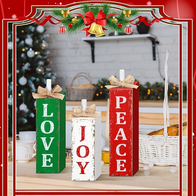 3 Pcs Christmas Tiered Tray Decor Christmas Tabletop Decor Rustic Farmhouse Wooden Table Block Sign and Centerpieces Joy Peace Love Sign for Xmas Home Shelf Kitchen Decorations