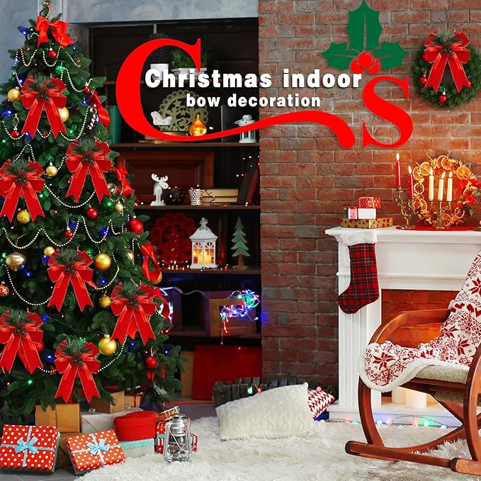 Syhood 6 Pcs Christmas Bows with Pine Cones Pine Needles Xmas Velvet Bows Red Ribbon Christmas Tree Wreath Decoration for Xmas Parties Indoor Outdoor Crafts DIY Decor