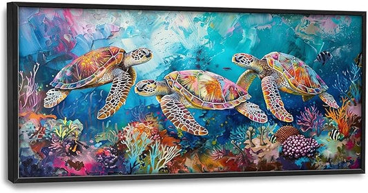 Sea Turtle Large Framed Wall Art Coastal Ocean Nautical Pictures Oversized Colorful Undersea Wall Decor Coral Reef Canvas Print Painting Aesthetic Modern Artwork for Living Room Bedroom Office Bathroom Home Decor 60L"x30W"