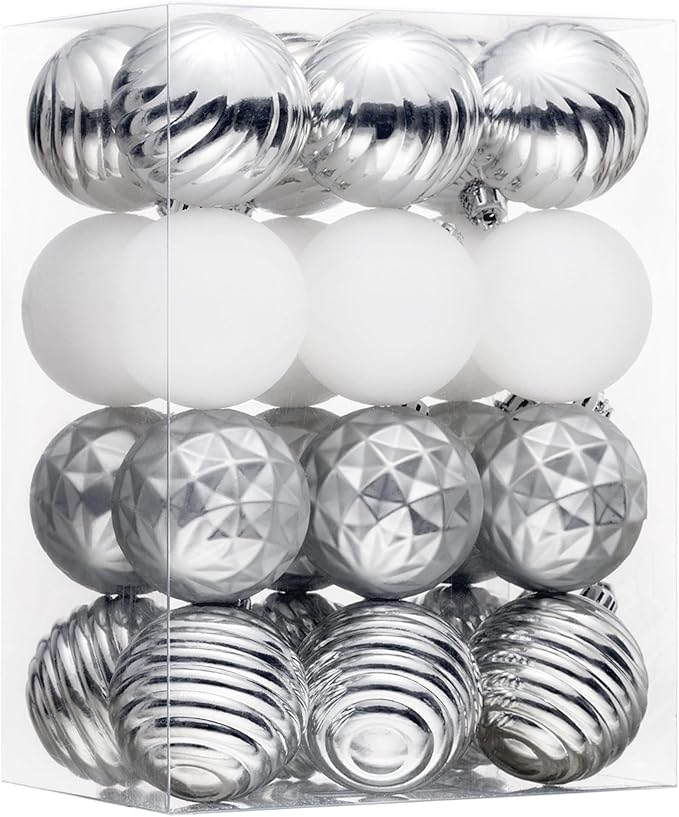 Valery Madelyn Christmas Ornaments Tree Decorations Set for Fall Halloween, 24ct Silver White Shatterproof Ball Ornaments, 2.36" Hanging Ornament Bulk for Xmas Holiday Party Decor