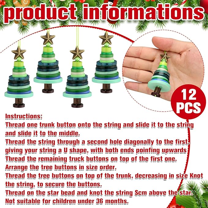 Soulchen 12 Sets Button Christmas Tree Craft Kits Make Your Own Button Christmas Tree Decorations DIY Xmas Hanging Ornament for Holiday Stocking Filler Gift Decor(Green)