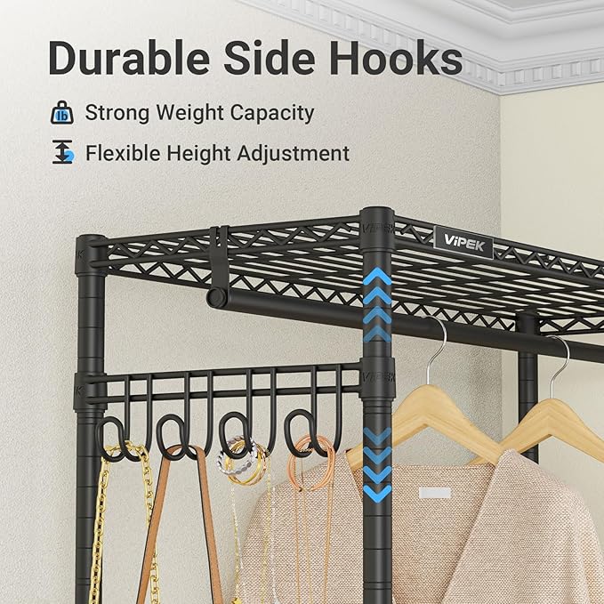 VIPEK R2 Mini Rolling Clothes Rack Heavy Duty Clothing Rack for Hanging Clothes Adjustable Portable Closet Metal Clothes Racks with Wheels Double Rods Side Hooks, Freestanding Garment Rack, Black