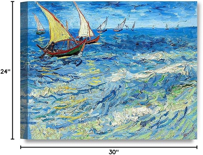 DECORARTS - Fishing Boats At Sea, Vincent Van Gogh Art Reproduction. Giclee Canvas Prints Wall Art for Home Decor 30x24