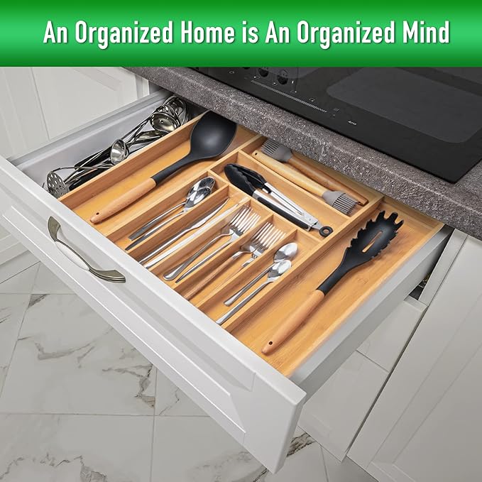 Large Expandable Utensil Organizer Silverware Organizer for Kitchen Adjustable Utensils Holder Bamboo Flatware Silverware Cutlery in Drawer (9 slot, Natural)