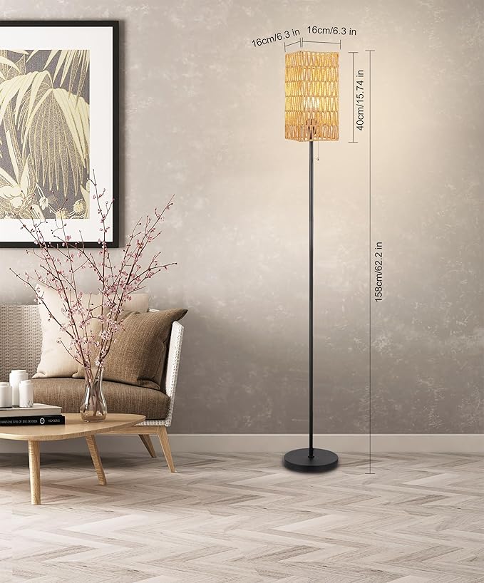 Floor Lamp for Living Room,Farmhouse Rattan Floor lamp,Modern Standing lamp with Hand-Worked Rattan Shade,Black Tall Lamp with Chain Switch (Square Shade)
