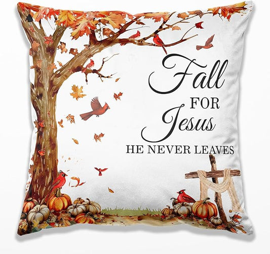 Fall for Jesus He Never Leaves Christian Throw Pillow Covers 18x18, Autumn Pumpkin Leaf Pillow Case Decor for Bedroom Home, Fall Christian Religious Gifts for Women