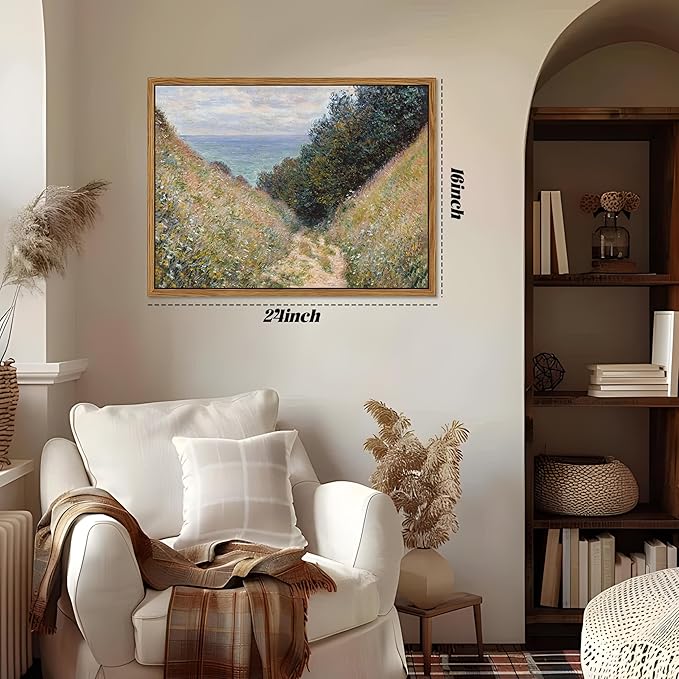 Framed Vintage Monet Wall Art Farmhouse Decor – Impressionist Oil Painting Canvas Prints – Country Landscape Classic Aesthetic Wall Decor for Living Room Bedroom Bathroom – 16''x24''