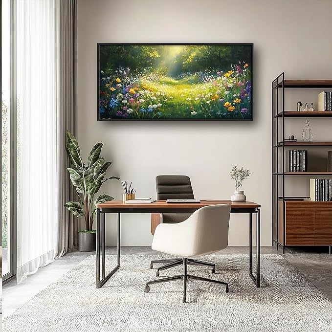 Green Forest Wall Art for Living Room, Large Green Canvas Wall Decor, Wildflowers Flowers Pictures Framed Painting, Landscape Artwork for Bedroom Office Home Decor 60L'' × 30W''