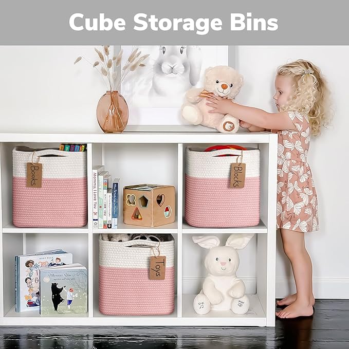 INDRESSME 11x11 Cube Storage Bins, 3-Pack Stuff Animal Storage Baskets for Gifts Pink Storage Bins for Classroom Cube Baby Nursery Basket, Closet, Small Kids Toy Basket