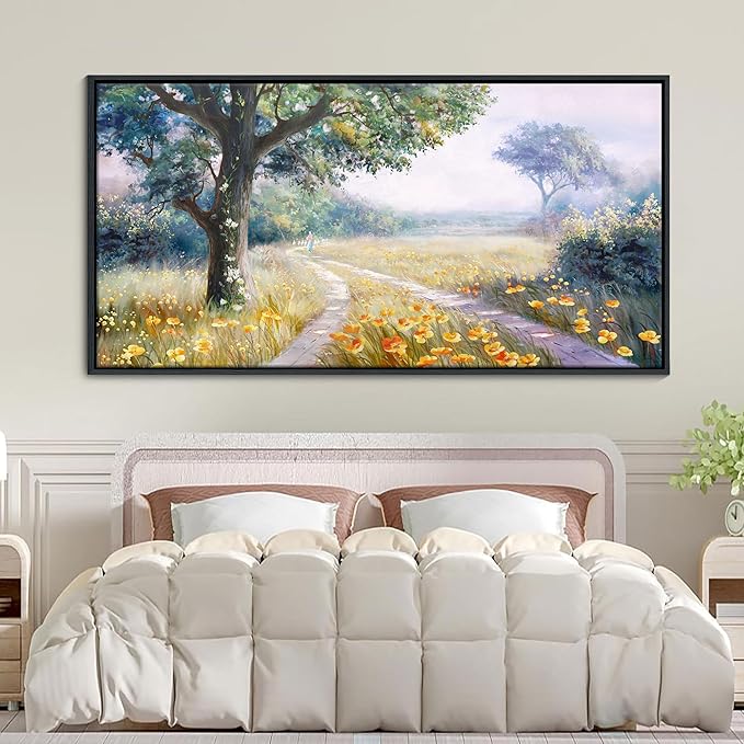CHATYOUNG Large Framed Wall Art, Retro Countryside Path With Flowers Landscape Wall Pictures, Farmhouse Wall Paintings Art Prints For Living Room Bedroom Bathroom Kitchen Home Decor 29"X58"