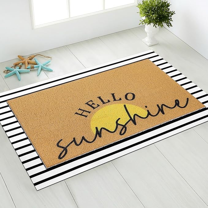 2 Pcs Door Mat Yellow Welcome Non Slip Coir Mats Stripe Floor Layering Doormats Seasonal for Front Porch Entryway Decor(Sunshine)