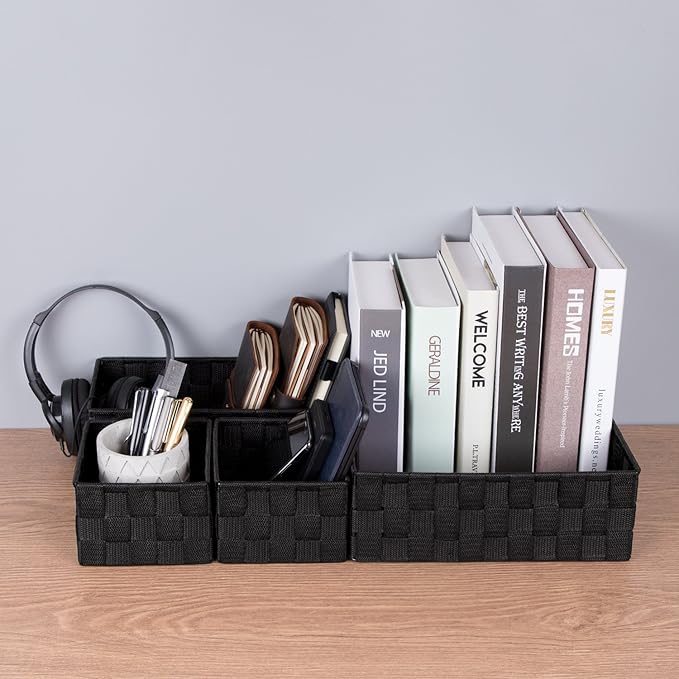 Posprica Woven Storage Baskets for Organizing, Small Black Baskets Cube Bin Container Tote Organizer Divider for Drawer, Closet, Shelf, Dresser, Set of 4