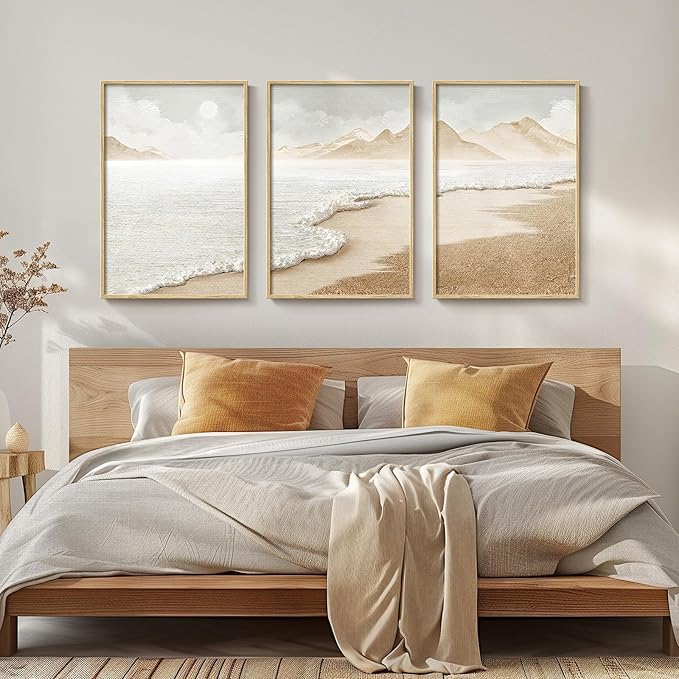 Framed Boho Coastal Beach Wall Art for Living Room, Large Neutral Abstract Coastal Canvas Artwork for Walls, 3 Piece Minimalist Ocean Picture Print for Bedroom Kitchen Wall Decor, Total Size 30x60 In