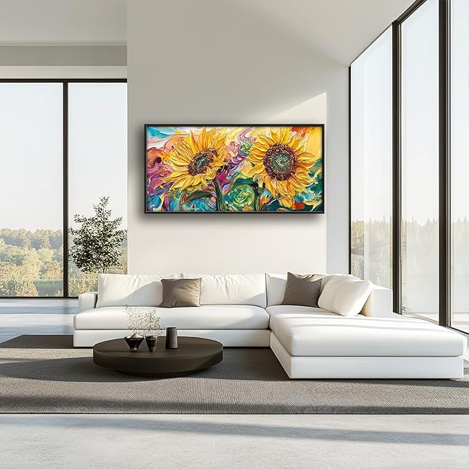 Framed Large Wall Art for Living Room, Sunflower Canvas Wall Decor, Flower Pictures Painting, Natural Landscape Artwork for Living Room Bedroom Office 60L'' × 30W''