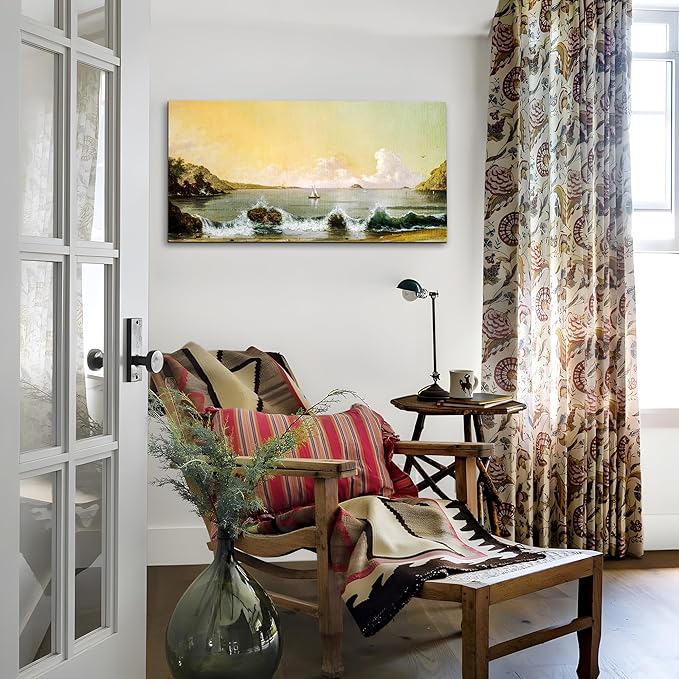 crmotu Large Landscape Wall Art, Beach Sunrise Dawn Vintage Painting, Bay Sailboat Scenery Art Prints, Coastal Wave Aesthetic Canvas Wall Decor Living Room Bedroom, Retro Nautical Pictures 20"X40"