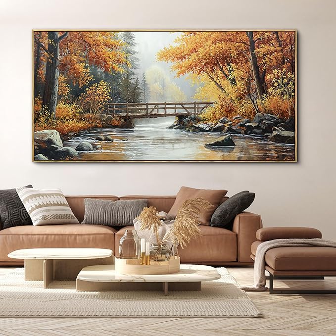 KLAKLA Large Canvas Wall Art - Rustic Landscape Burnt Orange Forest Tree Creek Print Picture Framed Artwork for Living Room Bedroom Office Wall Decor - 58x29 Inches