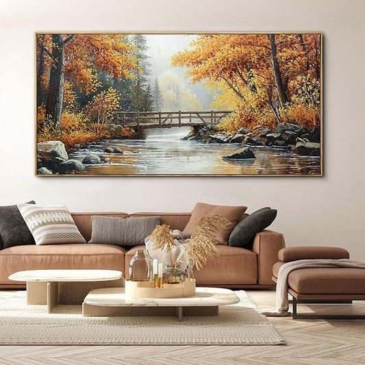 KLAKLA Large Canvas Wall Art - Rustic Landscape Burnt Orange Forest Tree Creek Print Picture Framed Artwork for Living Room Bedroom Office Wall Decor - 58x29 Inches